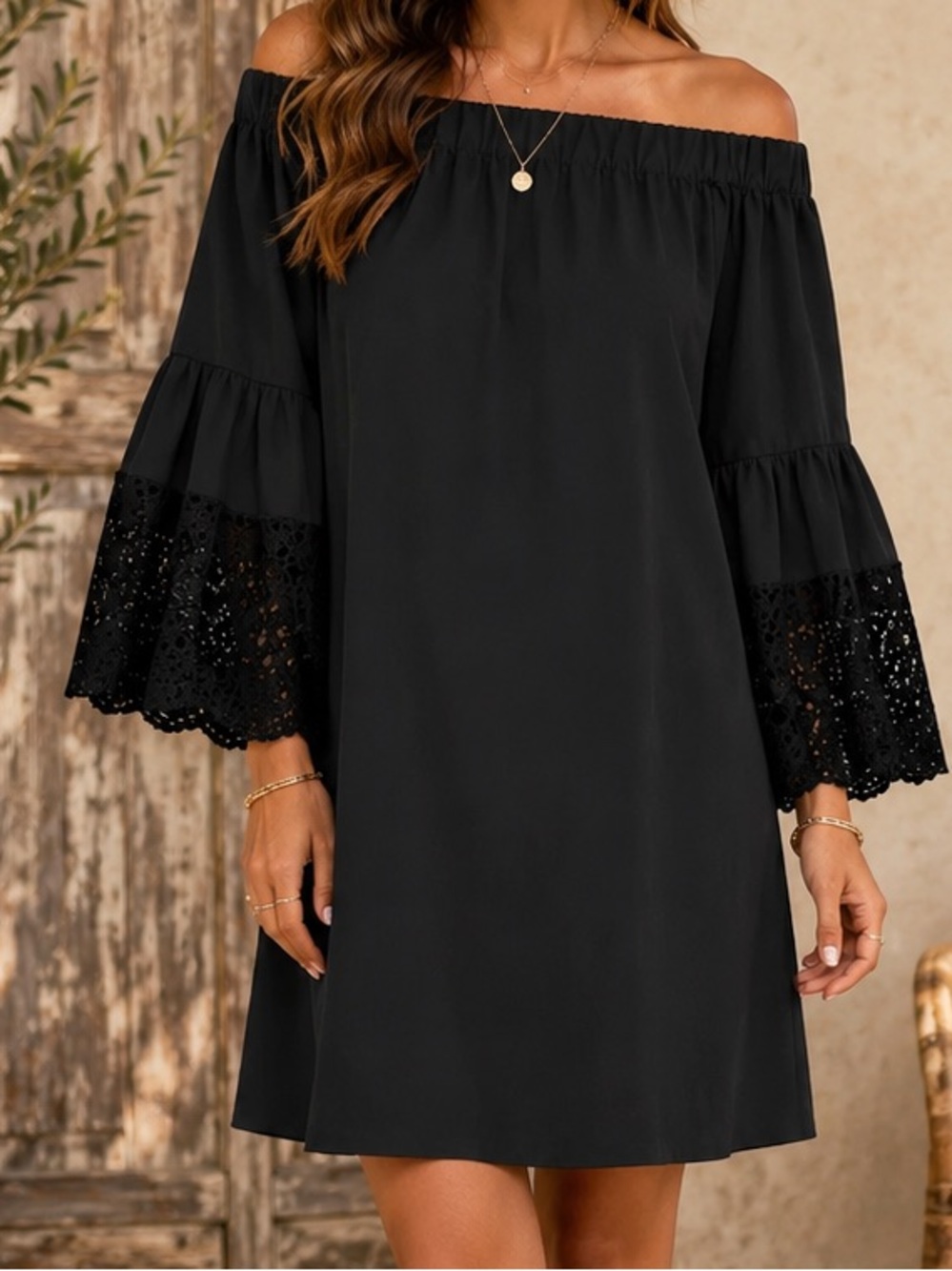 Skies Are Blue Black Off-Shoulder Lace Bell-Sleeve Dress xs